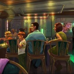 Impression of a steampunk restaurant with show on board of a cruise, detail. For Leisure Expert Group.