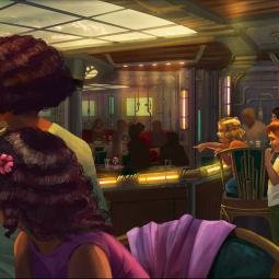 Impression of a steampunk restaurant with show on board of a cruise. For Leisure Expert Group. 