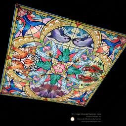 Naturalis Museum. Ceiling lamp 2 in the 'Babies' section. Dedicated to endangered species. Stained glass design. Digital print