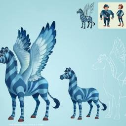 Set of characters for a school of animation. Zebrasus, criature with wings. U-tad. Spain.