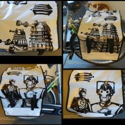 Doctor Who inspired bike bags. Markers on synthetic material. 