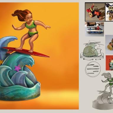 LEE Films SEAT Prop design. Surfer vintage tin toy, woman version. Digital. 