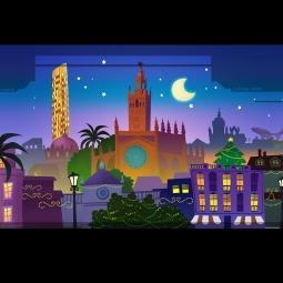 Production illustration of Sevilla skyline. All buildings are prepared to be animated as it appears as a pop-up book